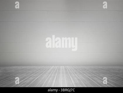 Leerer Raum wird in flachem Design gezeigt, mit grauer Wand aus Schlackenblock und Holzboden Stockfoto