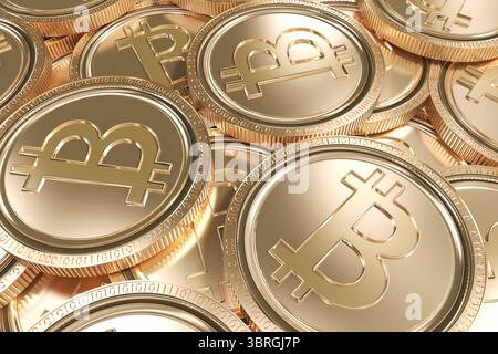 Goldene Bitcoin-Münzen glänzen in 3D-Rendering-Makroaufnahmen und reflektieren Licht auf strukturierten Oberflächen Stockfoto