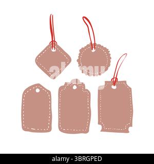 Kollektion beigefarbener Geschenkanhänger mit weißen Nähten und roten Fäden in verschiedenen Formen Stock Vektor