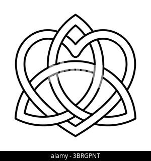 Keltischer Dreiecksknoten, verflochten mit einem Herz. Ein Triquetra, ein nahtloser dreieckiger Knoten und das Symbol für die Heilige Dreifaltigkeit, verflochten mit einem Herzen. Stockfoto
