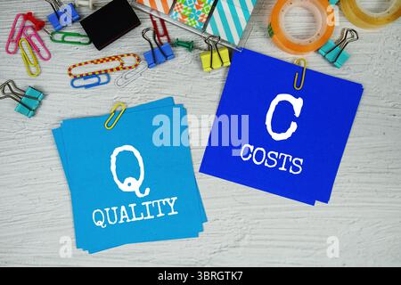 QK - Qualitätskosten Text auf Haftnotiz mit Schreibwaren auf Betonhintergrund Stockfoto