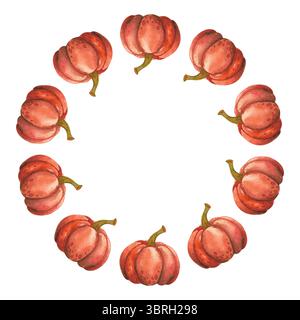 Kranz aus bunten Kürbissen im Herbst. Herbstlicher runder Rahmen für Erntefest. Handgezeichnete Aquarellillustration isoliert. Vorlage mit Kopierbereich Stockfoto
