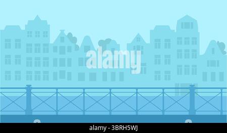 Amsterdamer Landschaft mit Häusern, Kanal und Zaun, monochromer Hintergrund mit europäischer Stadt in minimalistischem flachem Stil. Stock Vektor