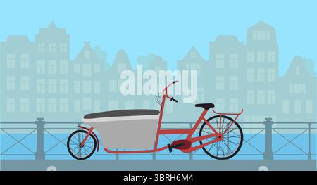 Ein Lastenfahrrad, das in der Nähe eines Zauns am Kanalufer in Amsterdam oder der europäischen Stadt steht. Stock Vektor