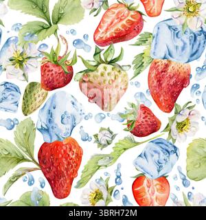 Erdbeerblätter, Tautropfen, Eiswürfel, Wasserspritzer. Reifer Sommergarten Waldbeere Strasberry handgezeichnet in Aquarell. Isoliertes nahtloses Muster Stockfoto
