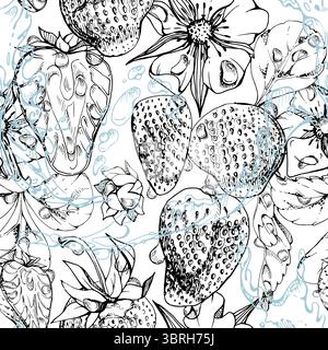 Erdbeerbeeren lassen Blumen fliegen in Tautropfen, Eiswürfel, Wasserspritzer. Reife Sommer Garten Wald Strasberry Hand gezeichnet in Vektortinte Stock Vektor