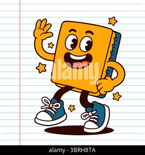 Vintage Retro Schule Notizbuch Maskottchen, Cartoon Vektor Charakter. Stock Vektor