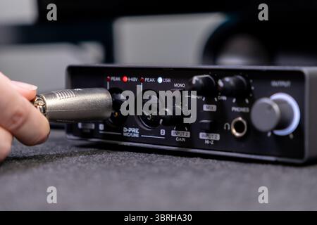 Anschluss eines XLR-Mikrofonkabels an eine kompakte schwarze Audio-Schnittstelle mit Eingangsverstärkung, die für Heimstudio und professionellen Sound von entscheidender Bedeutung ist Stockfoto