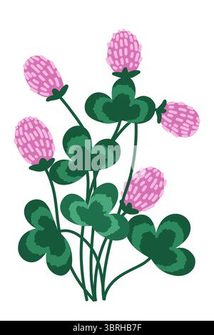 Flache Vektor-Illustration eines handgezeichneten Posters mit lokalisiertem zarten Blumenstrauß von wilden Kleeblüten mit grünen Blättern auf weißem Hintergrund. Pe Stock Vektor