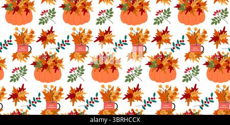Kürbisse und Becher mit Hello Herbsttext und Herbstblätter Komposition nahtloses Muster Banner Format. Isolierte Vektor-Illustration Herbst Feiertag Themenkarten Hintergrund Party Einladung oder Banner, Faltblatt Stock Vektor