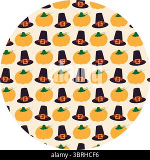 Hand gezeichnet Herbst Kürbisse und Pilgerhut nahtlose Muster auf Kreis Hintergrund Herbst Urlaub Fond. Isolierte Vektor-Illustration Herbst Feiertag Thematische Karte Hintergrund Party Einladung oder Banner, Faltblatt Stock Vektor