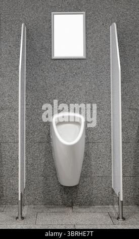 Leeres weißes Werbetoster mit Kopierraum, der an der Wand am Urinal in der Herren-Toilette hängt, Marketingkonzept Stockfoto