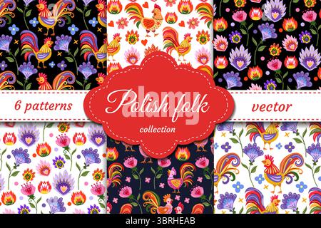Polnische Volkskollektion handgezeichnete Vektormuster mit traditionellen Hähnen, Blumen und volkstümlichen Motiven. Farbenfrohes, nahtloses Set, inspiriert vom Orient Stock Vektor