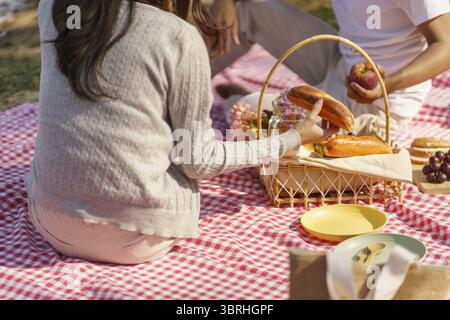Verliebtes Paar genießt Picknickzeit im Park Outdoor Picknick. Glückliches Paar, das sich mit Picknickkorb entspannt Stockfoto