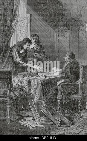 Jean Chapelain (1595–1674), französischer Dichter und Literaturkritiker, und Pierre Costar (1603–1660), französischer Mann der Briefe, präsentieren Jean-Baptiste Colbert (1619–1683) eine Liste von Schriftstellern, die es verdienen, vom König Rentner zu werden. Illustration von Emile Bayard (1837-1891). Stich von Charles Laplante (1837-1903). Histoire de Paris et de ses Monuments (Geschichte von Paris und ihre Denkmäler), 1895. Stockfoto