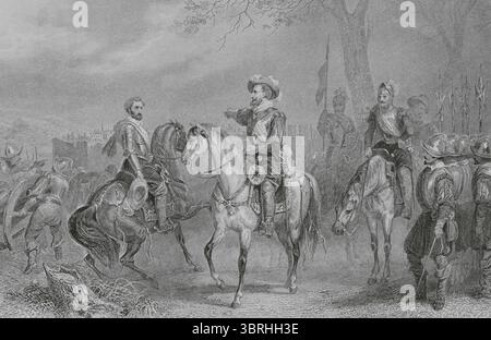 Französische Religionskriege (1562-1598). Belagerung von Paris 1590. Die französische Königliche Armee unter König Heinrich IV. (1553–1610) und unterstützt von den Hugenotten, gelang es nicht, die Stadt von der Katholischen Liga zu erobern. Illustration von Karl Girardet. Druck von Berthiau. Stich von Paul Girardet. Histoire de Paris et de ses Monuments (Geschichte von Paris und ihre Denkmäler), 1895. Stockfoto