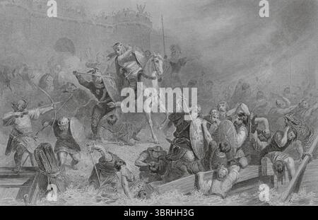 Belagerung von Paris (885-886). Wikinger-Angriff auf die seine, im Königreich der Westfranken. Sie führten eine einjährige Belagerung der Stadt durch, obwohl sie es nicht schafften, sie einzunehmen. 887 unternahmen sie einen weiteren erfolglosen Versuch. Paris wurde 887 von den Normannen angegriffen. Illustration von Karl Girardet. Druck von Berthiau. Stich von Paul Girardet. Histoire de Paris et de ses Monuments (Geschichte von Paris und ihre Denkmäler), 1895. Stockfoto