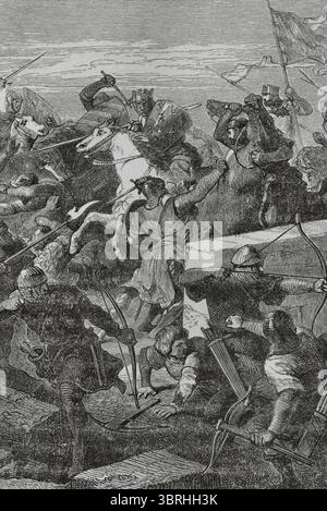 Schlacht von Taillebourg (21-22. Juli 1242). Entschiedenes Engagement während des Saintonge-Krieges. Sie stellte die französische Armee unter König Ludwig IX. (1214–1270) und seinem jüngeren Bruder Alphonse von Poitiers (1220–1271) gegen Truppen unter König Heinrich III. Von England (1207–1272), dessen Bruder Richard von Cornwall (1209–1272) und deren Stiefvater Hugh X. von Lusignan (ca. 1185–1249). Saint Louis in Taillebourg. Kupferstich von Francois Pierdon (1821-1904). Histoire de Paris et de ses Monuments (Geschichte von Paris und ihre Denkmäler), 1895. Stockfoto