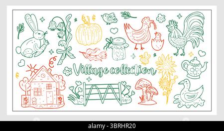 Village Collection Hand gezeichneter Vektor-Set mit Bauernhoftieren, Sonnenblumen, Gemüse, Pilzen, gemütlichem Haus und niedlichen Landkritzeleien. Perfekt für Stock Vektor