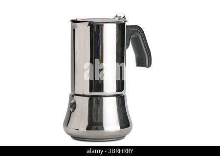 Seitenansicht der Kaffeemaschine aus glänzendem Metall, isoliert auf weißem Hintergrund mit Schneidepfad Stockfoto
