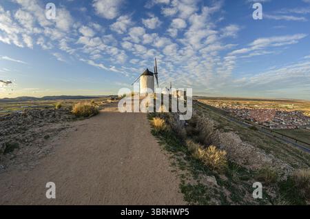 Typische Windmühlen im Dorf Consuegra, Provinz Toledo, Castilla La Mancha, Spanien Stockfoto