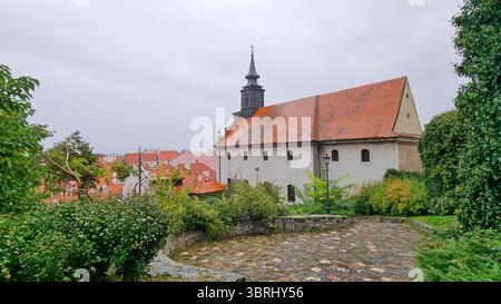 Blick auf die antike barocke römisch-katholische Kirche St. Georg an einem regnerischen Tag in Petrovaradin, Serbien Stockfoto