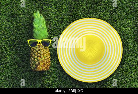 Sommerbild der Ananas mit Sonnenbrille und rundem Strohhut auf dem Grashintergrund, Draufsicht Stockfoto