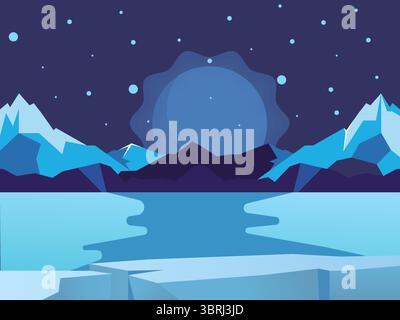 Minimalistische Vektor-Illustration des gefrorenen Sees mit schneebedeckten Bergen bei Nacht. Sterne leuchten im Himmel und schaffen Eine ruhige, kalte und winterliche Naturszene. Stock Vektor