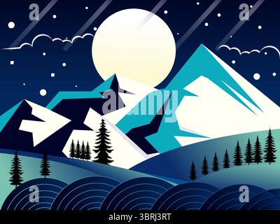 Minimalistische flache Vektor-Illustration mit schneebedeckten Bergen, Einem großen Vollmond, Einem Sternenhimmel, schwarzen Kiefern und einer abstrakten Meereslinie P Stock Vektor