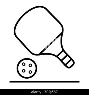 Pickleball; Paddel; Pickleball; Pickleball; Ball und Paddel; Sport-Symbol; Strichgrafik; Kontur; minimaler Vektor; klare Linien; flaches Symbol; Sport Stock Vektor