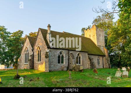 Die Steinkirche St. Augustinus aus dem 13. Jahrhundert im Dorf Snave in Kent mit Gräbern auf dem Friedhof in der frühen goldenen Stunde. Stockfoto
