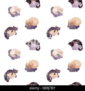 Handgezeichnete digitale Illustration von niedlichen Katzen, die auf Wolken schlafen, in verschiedenen Farben. Aquarelltextur, perfekt für Kinderbücher, Kinderzimmer-Kunst oder g Stockfoto