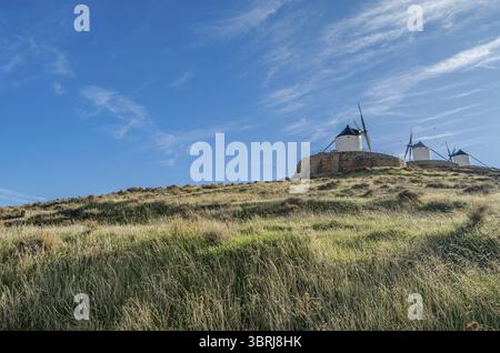 Typische Windmühlen im Dorf Consuegra, Provinz Toledo, Castilla La Mancha, Spanien Stockfoto