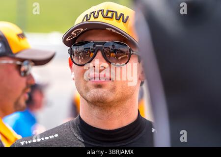 Der Fahrer DER NTT INDYCAR-SERIE, PATO OWARD (5) (MEX) aus Monterey, Mexiko, qualifiziert sich für das Sukup INDYCAR Race Weekend auf dem Iowa Speedway in NEWTON, IA. Stockfoto