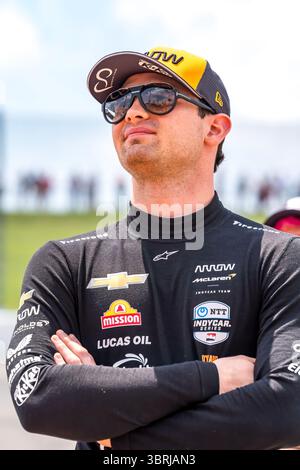 Der Fahrer DER NTT INDYCAR-SERIE, PATO OWARD (5) (MEX) aus Monterey, Mexiko, qualifiziert sich für das Sukup INDYCAR Race Weekend auf dem Iowa Speedway in NEWTON, IA. Stockfoto