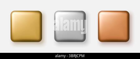 Quadratische 3D-Knöpfe in Gold, Silber und Bronze mit Metallic-Glanz. Vektorabbildung Stock Vektor
