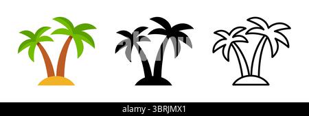 Palmen, Strandurlaub Ikonen Varianten. Flacher Farbcartoon, Schwarzweiß-Silhouette, Liniensymbol. Einfache Vektor-Clipart-Illustration. Stock Vektor