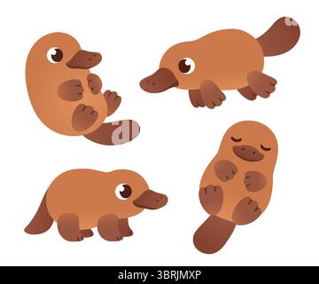 Zeichentrickfilm Platypus Illustrationsset. Niedlicher kleiner Platypus, stehend, schwimmend, schlafend. Isolierter Vektor-Clipart. Stock Vektor
