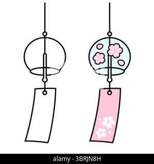 Furin, traditionelles japanisches Windspiel. Glasglocke mit Sakura-Blüten-Design. Zeichentrickvektor-Symbol. Farbige Illustration und Schwarzweiß-Strichgrafik für Stock Vektor