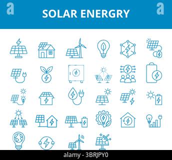 Solar-Energy-and-Renewable-Power-Line-Icons-Set—Sonnenlicht,-Photovoltaik,-Solar-Panel,-umweltfreundlich,-nachhaltig,-Batterie,-grüne-Energie,-Strom Stock Vektor