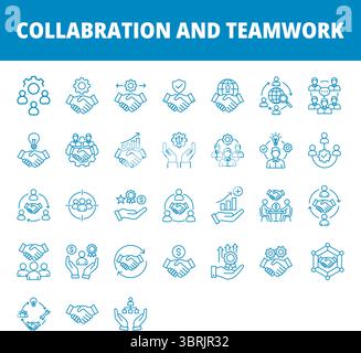 Collaboration-and-Teamwork-Line-Icons-Set – Meeting,-Partnerschaft,-Brainstorming,-Strategie,-Support,-Vereinbarung,-Führung,-Planung,-Erfolg,-Verbindung Stock Vektor