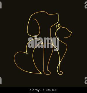 Goldene Haustier-Kunst. Vektorlogo für Hundekatzen. Herz-Tier-Silhouette. Animal Love Grafik. Branding-Kunst für Haustierpflege. Stilvoller Tiervektor. Modernes Tierdesign. Stock Vektor