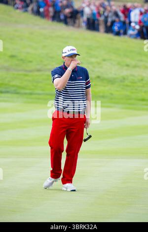 Hunter Mahan im 3. Tag im Ryder Cup 2014, Gleneagles, Schottland Picture Credit: Mark Newcombe / visionsingolf.com der Ryder Cup 2014 war die 40. Ausgabe dieses renommierten zweijährlichen Golfturniers zwischen Teams aus Europa und den Vereinigten Staaten. Vom 26. Bis 28. September 2014 auf dem PGA Centenary Course in Gleneagles in Schottland verteidigte Europa den Titel mit einem befehlenden Sieg.​ Stockfoto