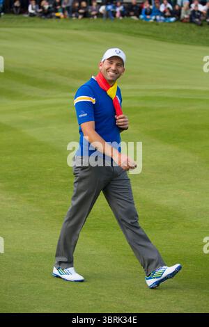 Sergio Garcia im 3. Tag im Ryder Cup 2014, Gleneagles, Schottland Bildnachweis: Mark Newcombe / visionsingolf.com der Ryder Cup 2014 war die 40. Ausgabe dieses renommierten zweijährlichen Golfturniers zwischen Teams aus Europa und den Vereinigten Staaten. Vom 26. Bis 28. September 2014 auf dem PGA Centenary Course in Gleneagles in Schottland verteidigte Europa den Titel mit einem befehlenden Sieg.​ Stockfoto