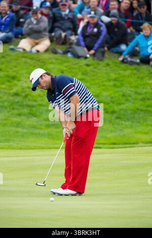 Patrick Reed im 3. Tag im Ryder Cup 2014, Gleneagles, Schottland Picture Credit: Mark Newcombe / visionsingolf.com der Ryder Cup 2014 war die 40. Ausgabe dieses renommierten zweijährlichen Golfturniers zwischen Teams aus Europa und den Vereinigten Staaten. Vom 26. Bis 28. September 2014 auf dem PGA Centenary Course in Gleneagles in Schottland verteidigte Europa den Titel mit einem befehlenden Sieg.​ Stockfoto