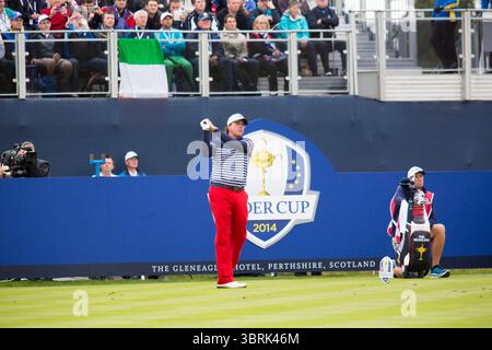 Phil Mickelson im 3. Tag im Ryder Cup 2014, Gleneagles, Schottland Picture Credit: Mark Newcombe / visionsingolf.com der Ryder Cup 2014 war die 40. Ausgabe dieses renommierten zweijährlichen Golfturniers zwischen Teams aus Europa und den Vereinigten Staaten. Vom 26. Bis 28. September 2014 auf dem PGA Centenary Course in Gleneagles in Schottland verteidigte Europa den Titel mit einem befehlenden Sieg.​ Stockfoto