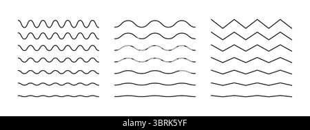 Vorlage für wellige, kurvige Linien. Einfache Wellenlinien, horizontale Querlinien. Sinus, Flüssigkeit, Luft, Windzeichen Muster. Wasser, Fluss, See, Meer, Ozean Stock Vektor