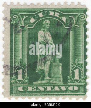 KUBA - 1899: 1 Centavo gelb-grüne Briefmarke mit der Statue von Columbus. Ausgestellt von der Republik unter US-Militärordnung. Nach dem Spanisch-Amerikanischen Krieg unterzeichneten Spanien und die USA den Pariser Vertrag (1898), durch den Kuba zu einem Protektorat der USA wurde. Am 20. Mai 1902 wurde Kuba offiziell von den USA unabhängig. Unter der neuen kubanischen Verfassung behielten die USA das Recht, in kubanische Angelegenheiten einzugreifen und seine Finanzen und Außenbeziehungen zu überwachen. Im Rahmen des Platt Amendment verpachteten die USA die Marinestützpunkt Guantánamo Bay Stockfoto