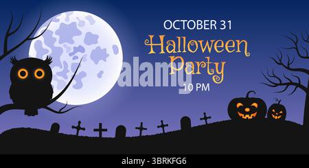 Poster oder Banner für die Halloween-Party. Vektor-Illustration mit Eulen, Kürbissen, Vollmond und Friedhof Stock Vektor