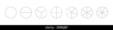 Kreisteilung von 1 bis 7 gleichen Teilen. Runden Sie geteilte Diagramme mit einem bis sieben Segmenten ab. Schwarzes Symbol für segmentiertes Nadelrad. Infografik Stock Vektor
